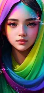 Portrait of a woman with colorful veil and artistic makeup.