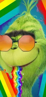 Vibrant green cartoon character with rainbow background and sunglasses.