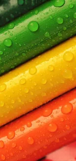 Vibrant raindrop wallpaper with green, yellow, and orange colors on mobile device.