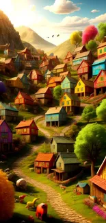 Colorful village nestled in rolling hills under a bright sky.