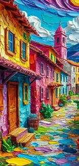 Colorful village street painting with vibrant houses.
