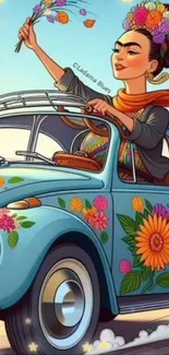 Colorful vintage car with flowers driven by a woman illustration.