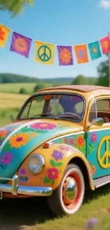 Colorful vintage car with floral designs and peace symbols.