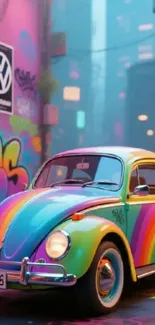 Colorful vintage Beetle car in urban setting with rainbow design.