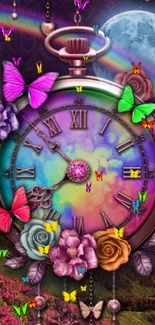 Colorful vintage clock with butterflies and flowers.