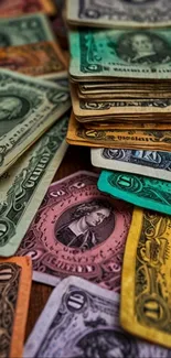 A colorful display of vintage currency notes as a mobile wallpaper.