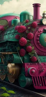 Vibrant steampunk train with raspberries and greenery.