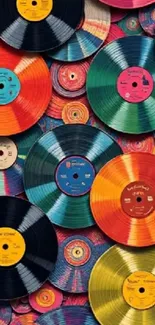 Colorful vinyl records on display in a vibrant pattern.