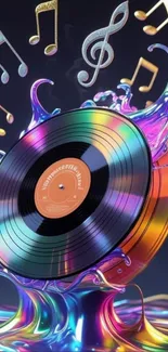 Vibrant vinyl record with colorful splash and music notes.