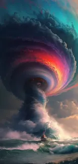 Colorful vortex above ocean with boat in surreal storm.