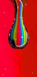 Rainbow-colored droplet on vibrant red background, perfect for a mobile wallpaper.