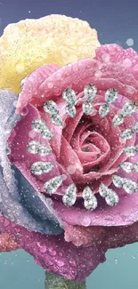 Colorful rose with water droplets on petals.