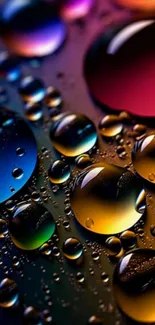 Vibrant water droplets on a dark surface create a colorful phone wallpaper.