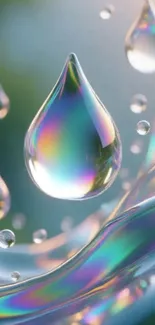 Colorful water droplets with iridescent reflections.