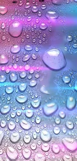 Colorful water droplets on glass with pink, blue, and purple hues.