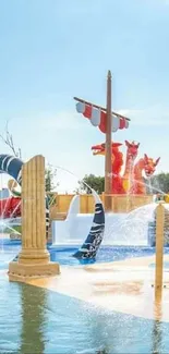 Vibrant water park scene with colorful structures and blue sky.