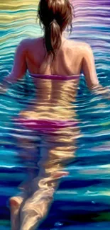 Artistic depiction of a woman swimming with colorful ripples in water.