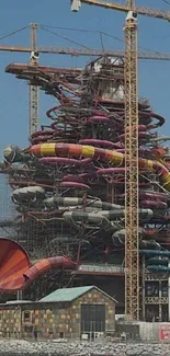 Intricate water slide tower under construction with cranes and a blue sky backdrop.