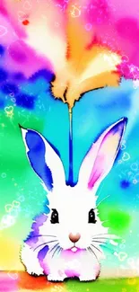 Colorful watercolor bunny with rainbow splash background.