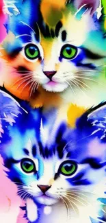 Vibrant watercolor cat wallpaper with blue hues and green-eyed kittens.