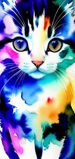 Vibrant watercolor cat artwork for phone wallpaper.