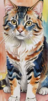 Vibrant watercolor painting of a cat in multicolor hues.