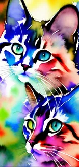 Vibrant watercolor painting of two colorful cats, perfect for mobile wallpaper.