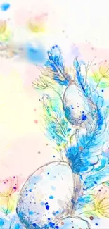 Colorful abstract watercolor wallpaper with feathers and flowers.