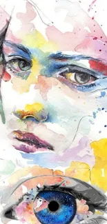 Artistic watercolor portrait with colorful splashes and expressive eyes.