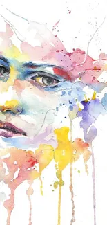 Vibrant watercolor portrait with pastel splashes.