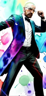 Man in suit with colorful watercolor splash background.