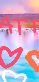 Colorful waterfall art with pink and orange hearts.