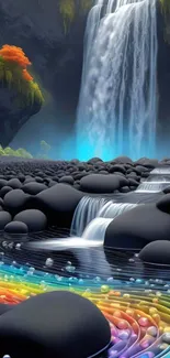 Fantasy waterfall with rainbow pool and colorful stones.