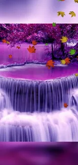 Purple waterfall wallpaper with autumn leaves.