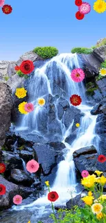 Waterfall with colorful flowers and greenery over rocks.