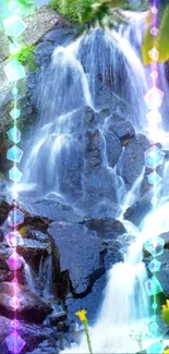 Scenic waterfall with colorful gem overlay and vibrant natural elements.