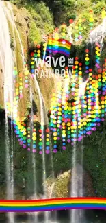 Colorful rainbow dots over a waterfall scene on this artistic wallpaper.