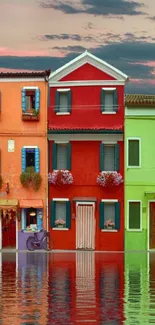 Colorful houses reflecting on water at dusk.