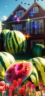 Watermelons and tulips in front of a house under a clear sky with birds.