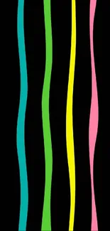 Mobile wallpaper with colorful wavy lines on black.