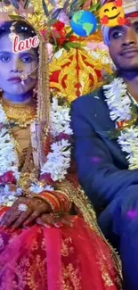 Wedding couple in traditional attire with floral decorations.