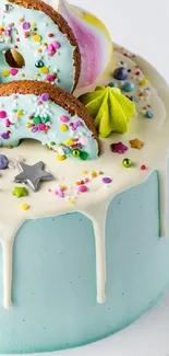 Whimsical cake with colorful decorations and drizzling icing