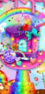 Colorful candy-themed wallpaper with a whimsical, magical hat.