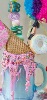 Whimsical ice cream cone overflows with vibrant sprinkles.