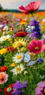 Vibrant wildflowers and butterflies in a colorful field.