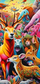 A vibrant wildlife art wallpaper with colorful animals and lush flora.