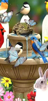 Vibrant nature wallpaper with birds, rabbit, and butterflies by a fountain.