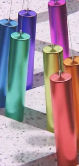 Colorful wind chimes with abstract shapes.