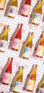 Colorful wine bottles on hexagonal tiles wallpaper.