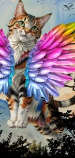 Fantasy cat with colorful wings mobile wallpaper.